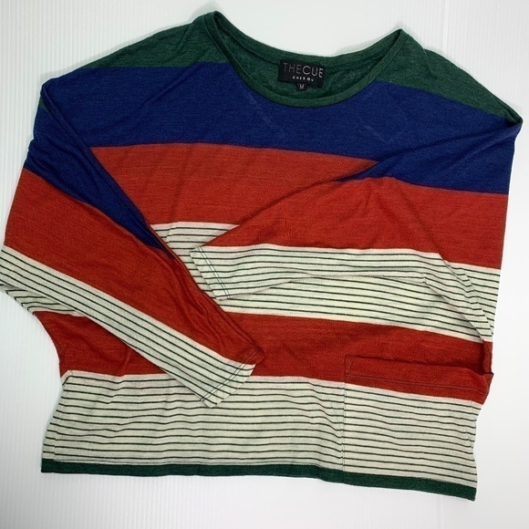 The Cue by Cher Qu Sweater Medium Pullover Crewneck Stripes Cotton Blend - Picture 3 of 8